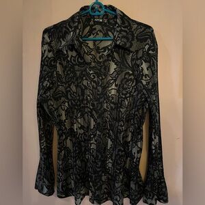 Apt 9 ladies long sleeve button up blouse with black lace illusion pattern.